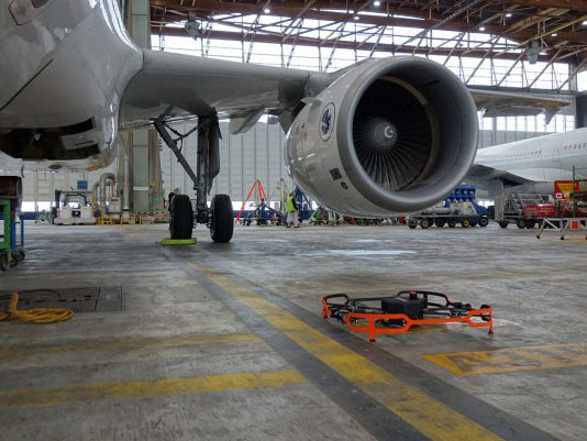 Donecle automated drone for aircraft inspections under A320 wing