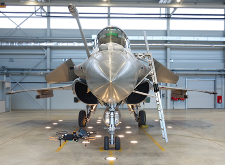 Iris 3D drone flying around a Rafale